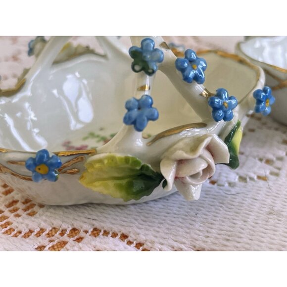 Antique 2 Porcelain Rose & Forget Me Nots Trinket Basket Elfinware Floral German - Picture 8 of 15